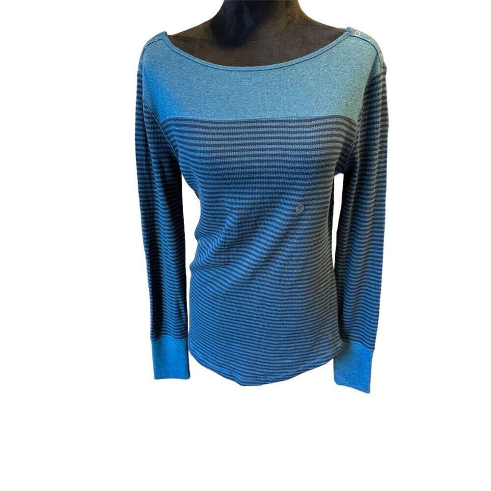 Eddie Bauer Teal and Dark Teal Striped Button Shoulder Top